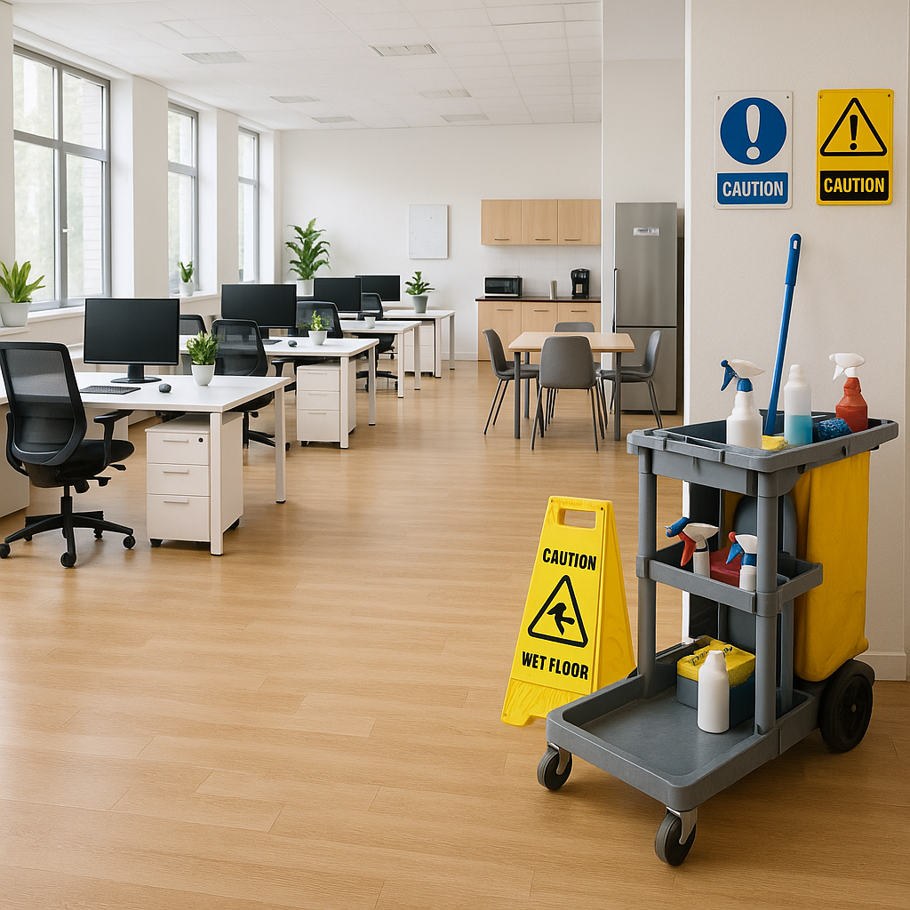 The image showcases a bright and organized office environment featuring a large open workspace with clean white desks arranged in neat rows Each desk is equipped with a computer ergonomic chair and minimal decorative items reflecting a professional a-1